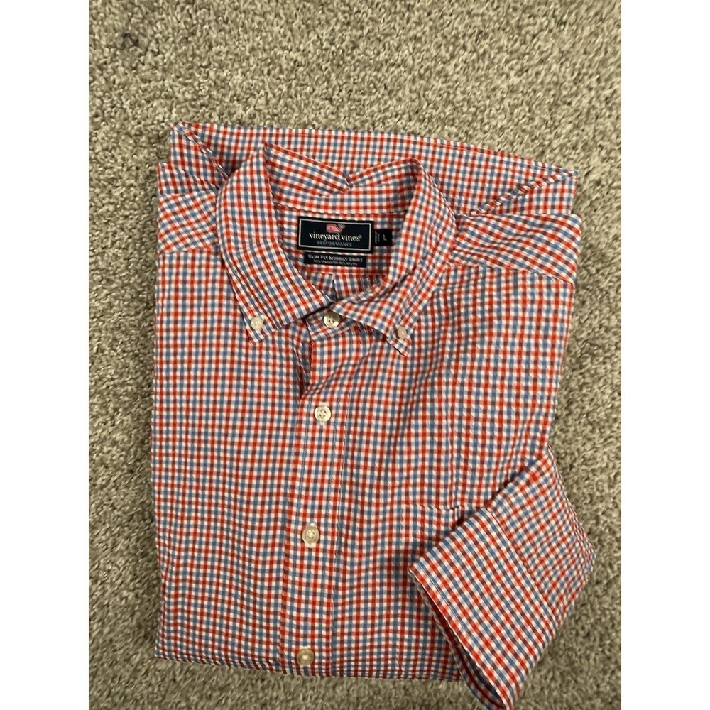 Vineyard Vines Shirt Mens Large Red Blue Performance Seersucker Slim Fit Murray - Picture 8 of 8